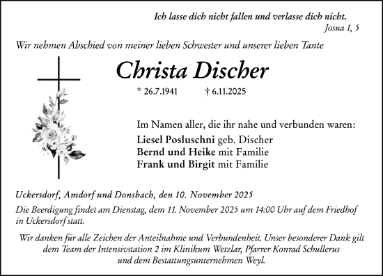 Traueranzeige von Christa Discher von Dill Block