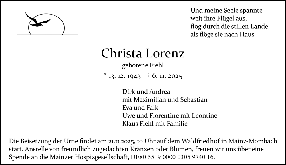  Traueranzeige für Christa Lorenz vom 15.11.2025 aus Allgemeine Zeitung Mainz
