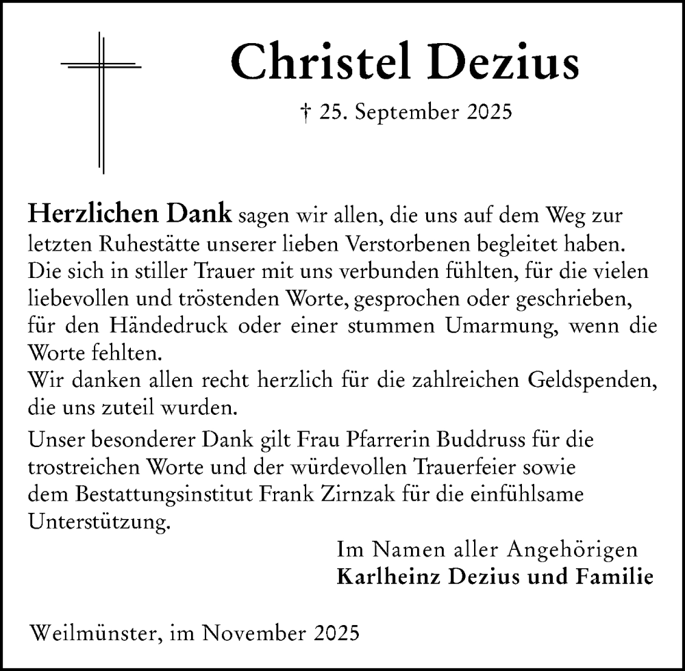  Traueranzeige für Christel Dezius vom 22.11.2025 aus Weilburger Tageblatt