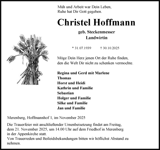 Traueranzeige von Christel Hoffmann von Weilburger Tageblatt