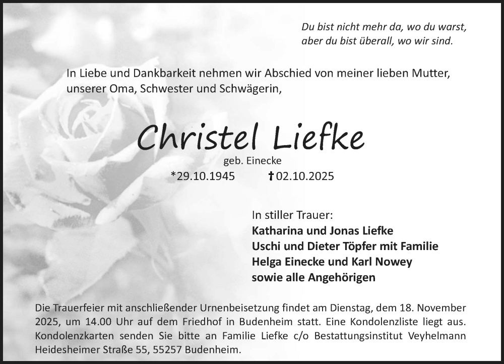  Traueranzeige für Christel Liefke vom 08.11.2025 aus Allgemeine Zeitung Mainz