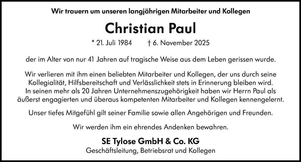 Traueranzeige für Christian Paul vom 15.11.2025 aus Rüsselsheimer Echo