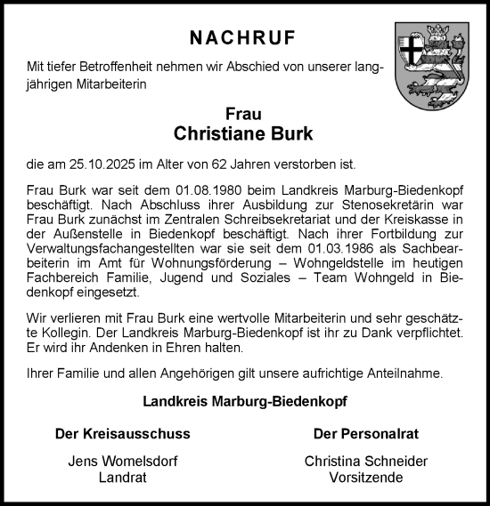 Traueranzeige von Christiane Burk von Hinterländer Anzeiger