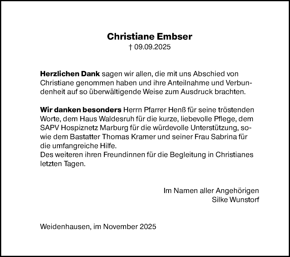  Traueranzeige für Christiane Embser vom 08.11.2025 aus Hinterländer Anzeiger