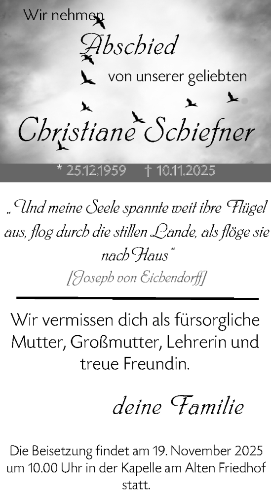  Traueranzeige für Christiane Schiefner vom 15.11.2025 aus Darmstädter Echo