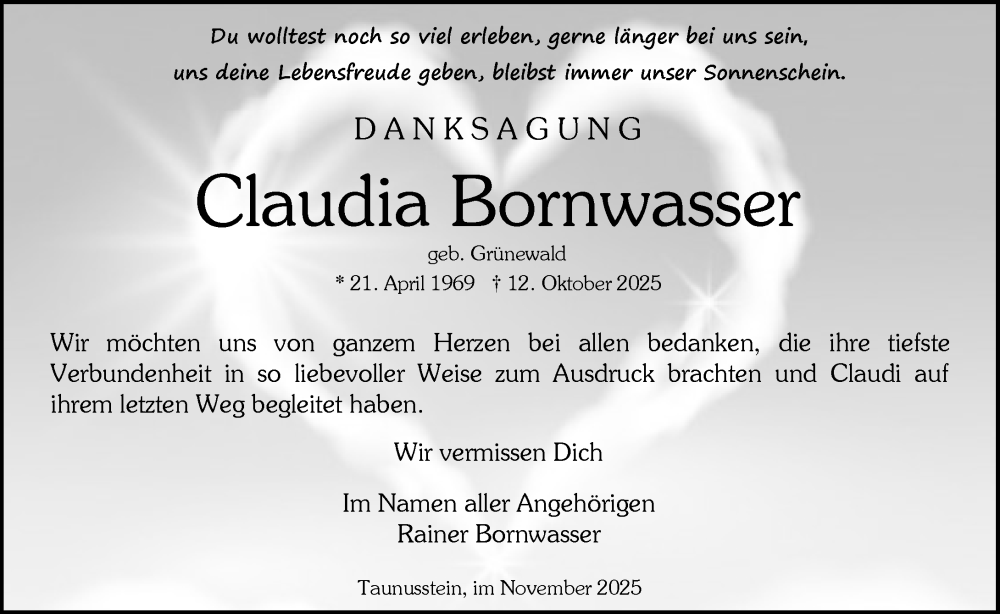  Traueranzeige für Claudia Bornwasser vom 15.11.2025 aus Wiesbadener Kurier