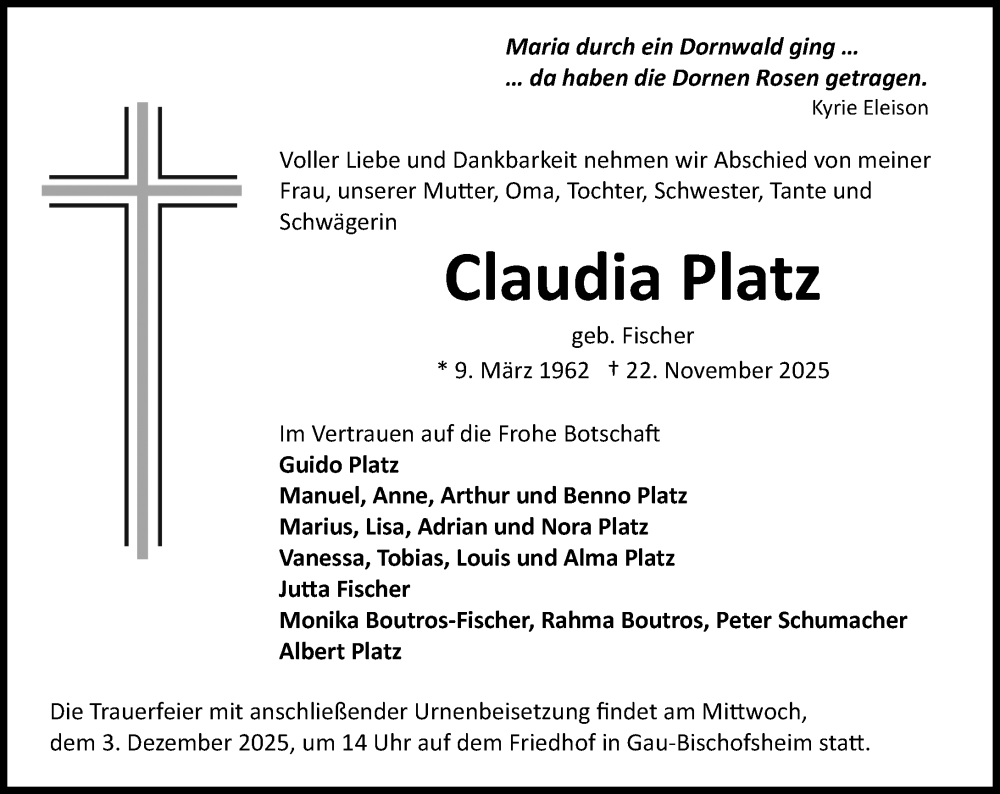  Traueranzeige für Claudia Platz vom 29.11.2025 aus Allgemeine Zeitung Mainz