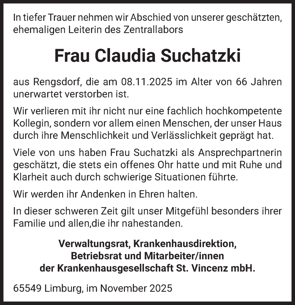  Traueranzeige für Claudia Suchatzki vom 29.11.2025 aus Nassauische Neue Presse