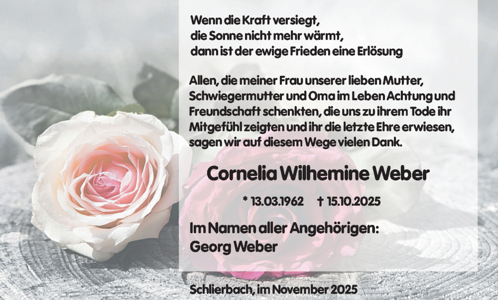  Traueranzeige für Cornelia Wilhelmine Weber vom 17.11.2025 aus Hinterländer Anzeiger