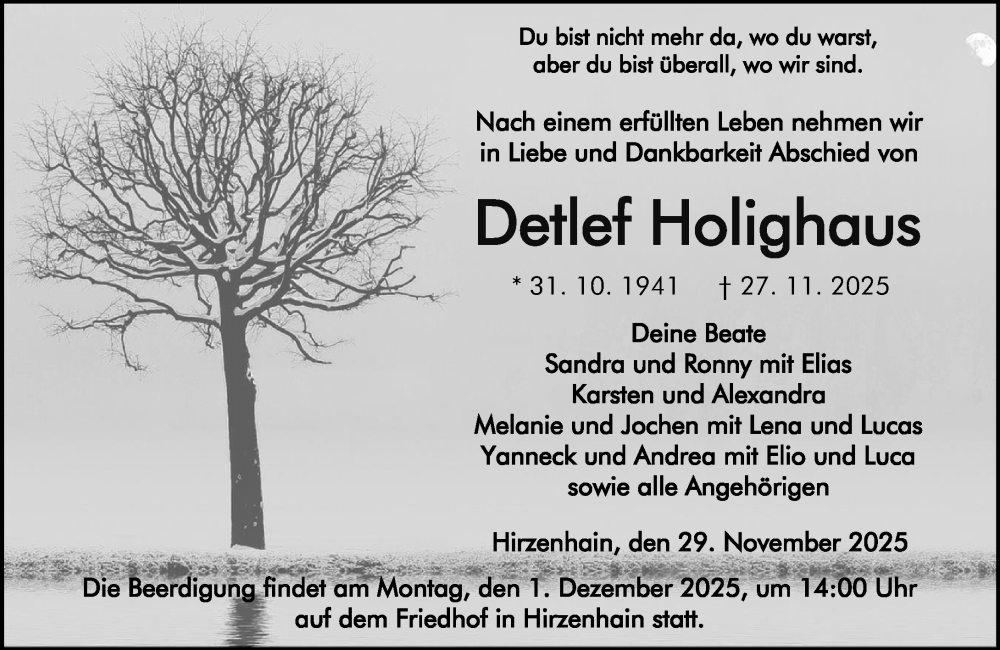  Traueranzeige für Detlef Holighaus vom 29.11.2025 aus Dill Block
