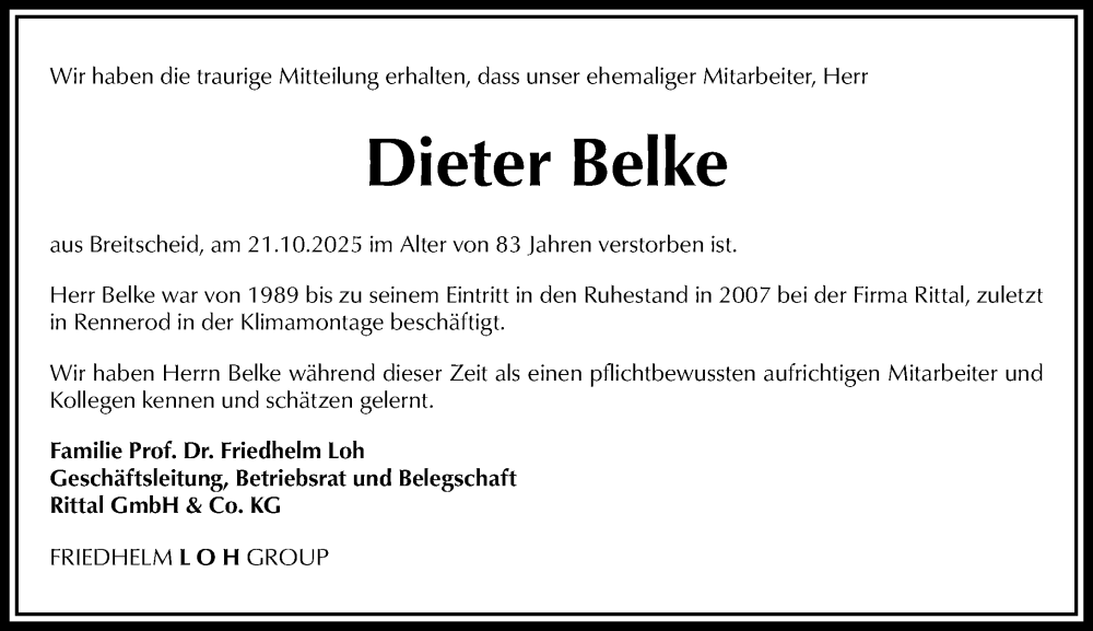  Traueranzeige für Dieter Belke vom 28.10.2025 aus Dill Block