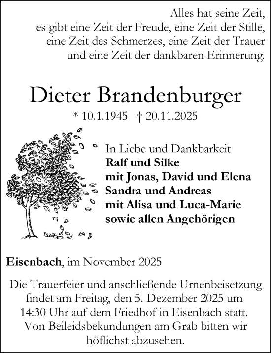 Traueranzeige von Dieter Brandenburger von Camberger Anzeiger