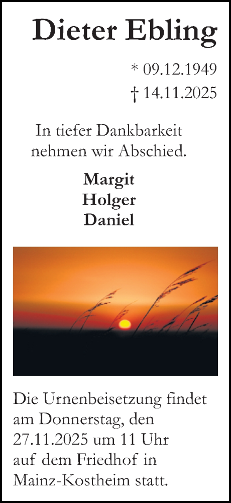  Traueranzeige für Dieter Ebling vom 22.11.2025 aus Allgemeine Zeitung Mainz