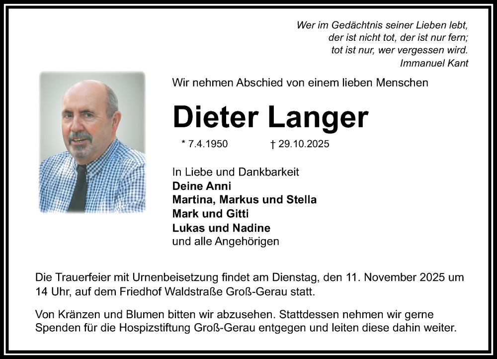  Traueranzeige für Dieter Langer vom 08.11.2025 aus Groß-Gerauer Echo