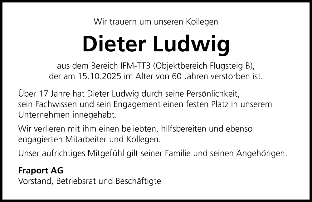  Traueranzeige für Dieter Ludwig vom 19.11.2025 aus Wormser Zeitung