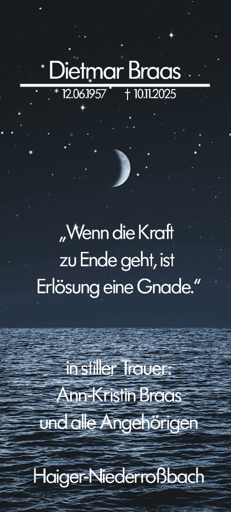  Traueranzeige für Dietmar Braas vom 17.11.2025 aus Dill Block