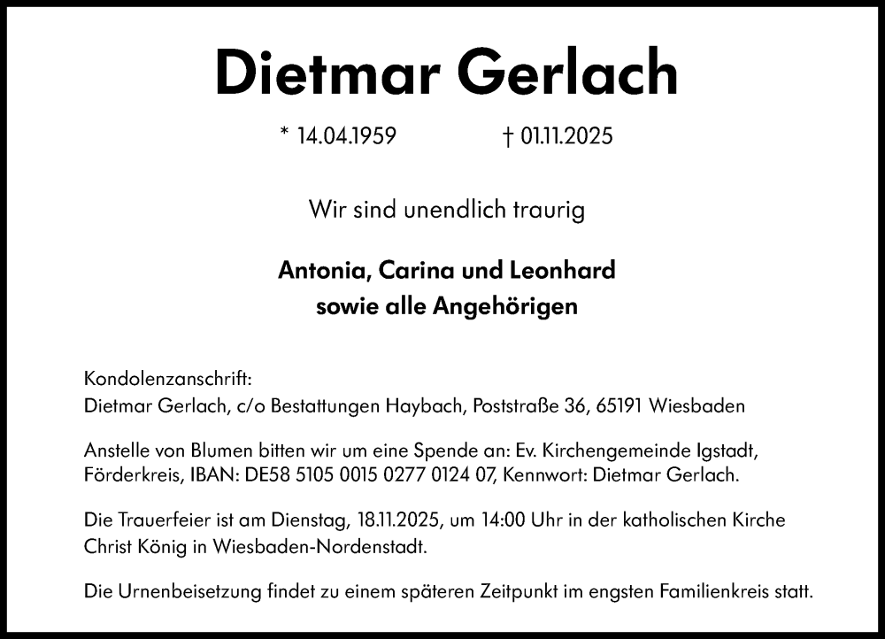  Traueranzeige für Dietmar Gerlach vom 08.11.2025 aus Wiesbadener Kurier