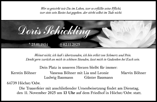 Traueranzeige von Doris Schickling von Odenwälder Echo
