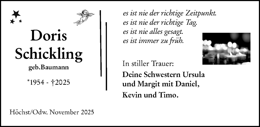 Traueranzeige für Doris Schickling vom 08.11.2025 aus Odenwälder Echo