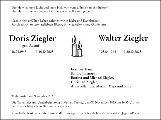 Traueranzeige von Doris Ziegler von Weilburger Tageblatt