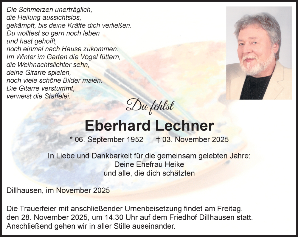  Traueranzeige für Eberhard Lechner vom 22.11.2025 aus Weilburger Tageblatt
