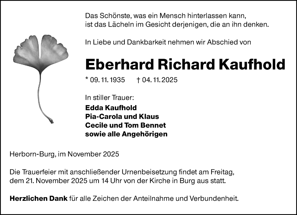  Traueranzeige für Eberhard Richard Kaufhold vom 18.11.2025 aus Dill Block