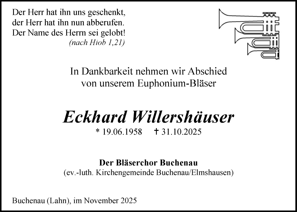  Traueranzeige für Eckhard Willershäuser vom 08.11.2025 aus Hinterländer Anzeiger