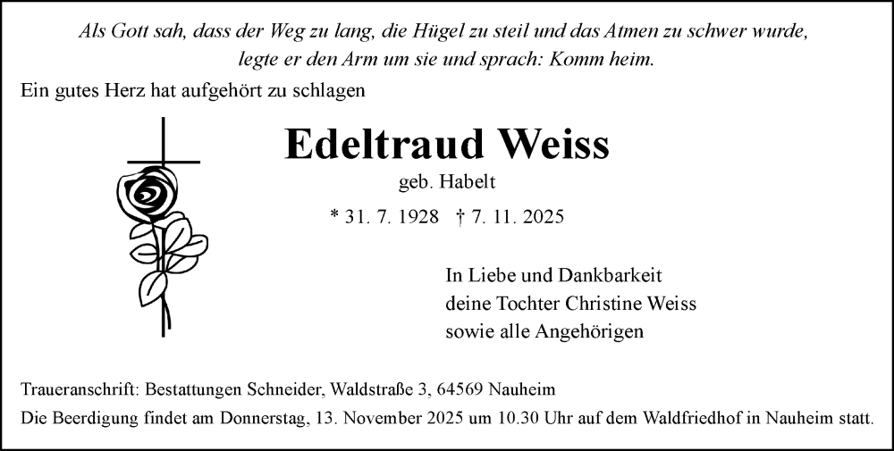  Traueranzeige für Edeltraud Weiss vom 11.11.2025 aus Rüsselsheimer Echo