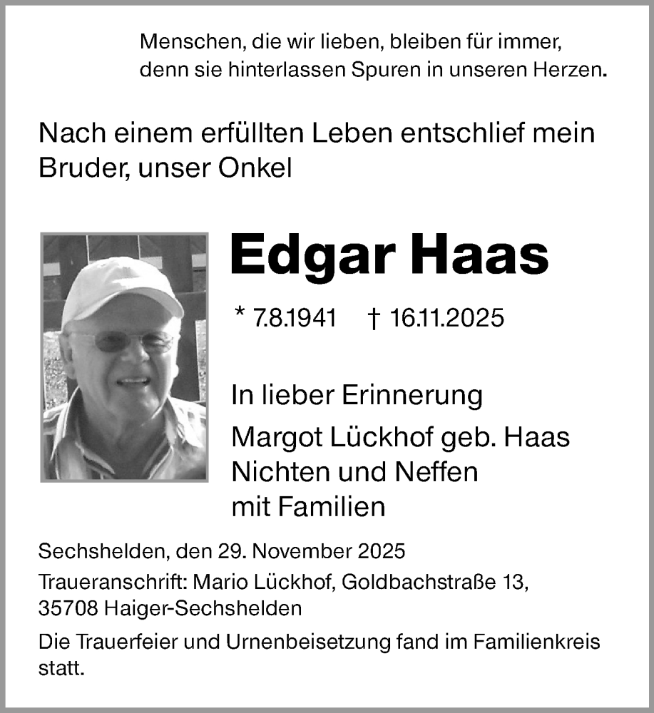  Traueranzeige für Edgar Haas vom 29.11.2025 aus Dill Block