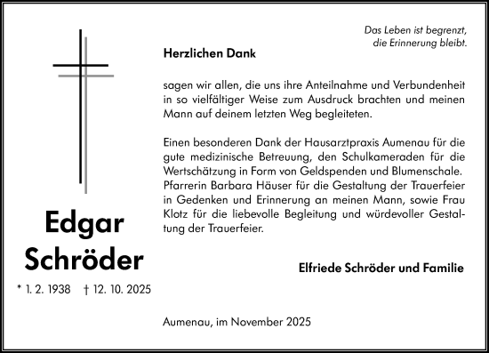 Traueranzeige von Edgar Schröder von Weilburger Tageblatt