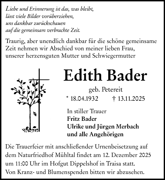 Traueranzeige von Edith Bader von Darmstädter Echo
