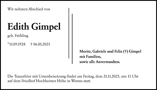 Traueranzeige von Edith Gimpel von Wormser Zeitung