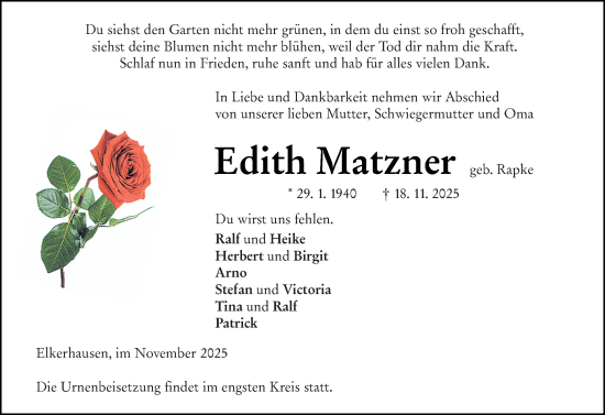 Traueranzeige von Edith Matzner von Weilburger Tageblatt