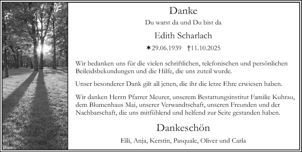  Traueranzeige für Edith Scharlach vom 22.11.2025 aus Starkenburger Echo