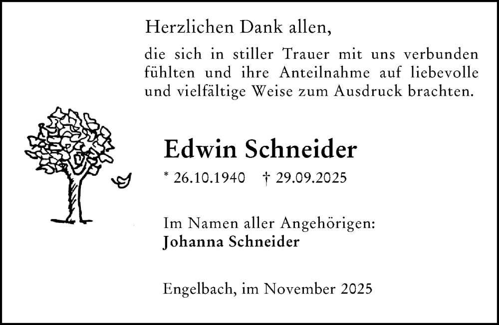  Traueranzeige für Edwin Schneider vom 17.11.2025 aus Hinterländer Anzeiger