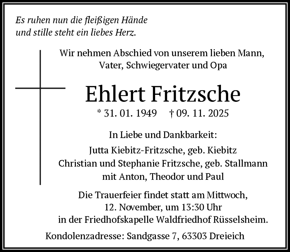  Traueranzeige für Ehlert Fritzsche vom 12.11.2025 aus Rüsselsheimer Echo