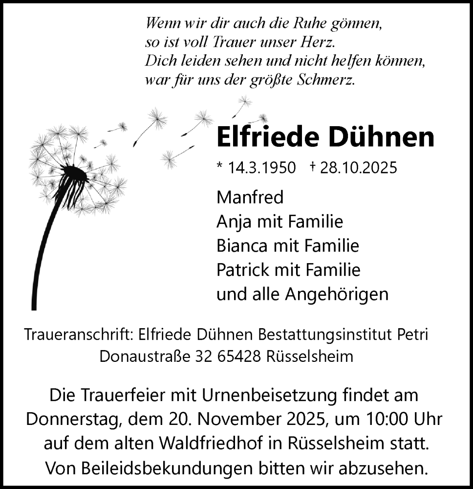  Traueranzeige für Elfriede Dühnen vom 15.11.2025 aus Rüsselsheimer Echo