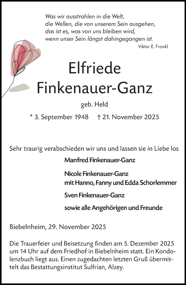  Traueranzeige für Elfriede Finkenauer-Ganz vom 29.11.2025 aus Allgemeine Zeitung Alzey