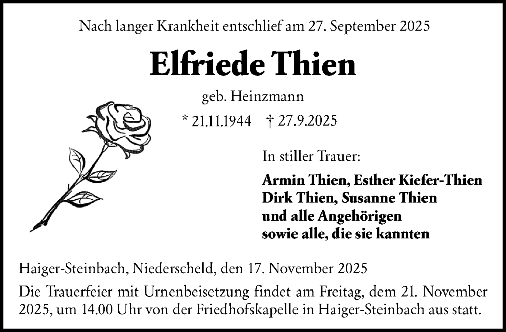  Traueranzeige für Elfriede Thien vom 17.11.2025 aus Dill Block