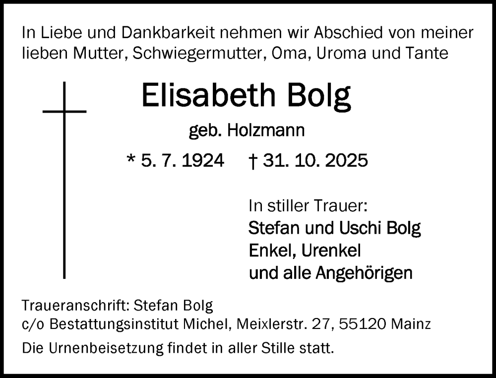  Traueranzeige für Elisabeth Bolg vom 08.11.2025 aus Allgemeine Zeitung Mainz