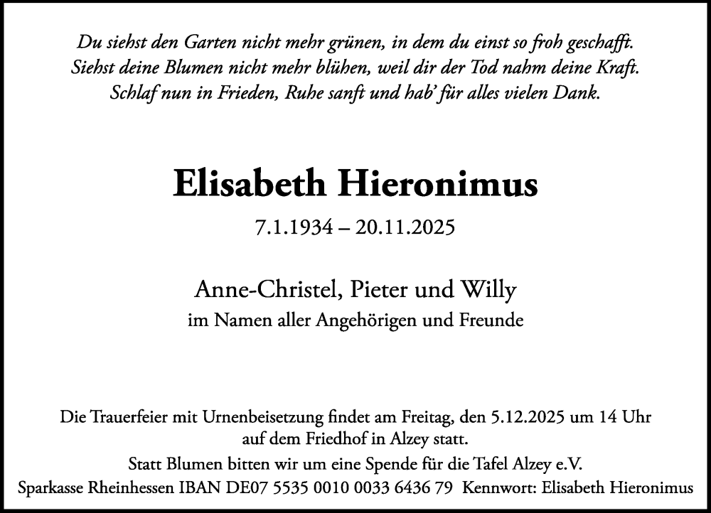  Traueranzeige für Elisabeth Hieronimus vom 29.11.2025 aus Allgemeine Zeitung Alzey