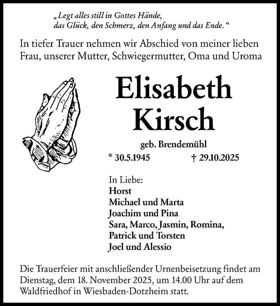  Traueranzeige für Elisabeth Kirsch vom 08.11.2025 aus Wiesbadener Kurier