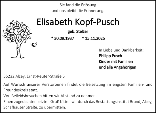 Traueranzeige von Elisabeth Kopf-Pusch von Allgemeine Zeitung Alzey