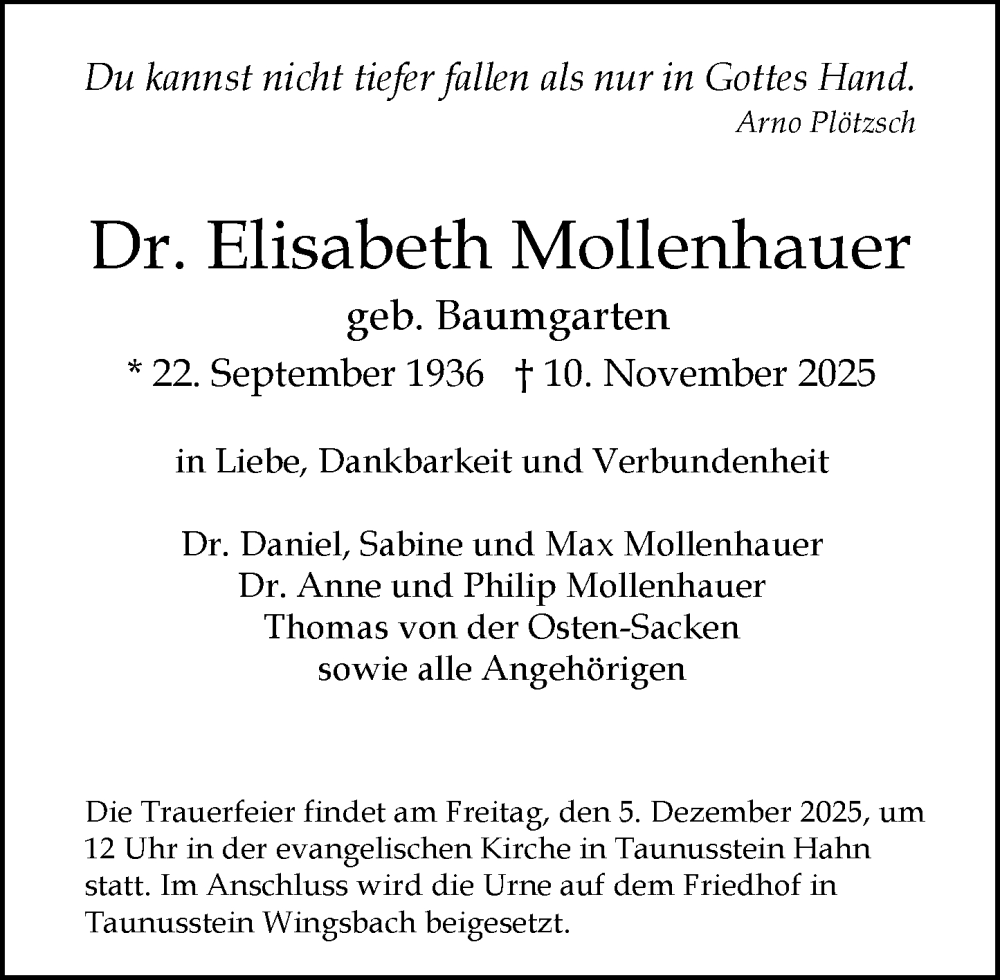  Traueranzeige für Elisabeth Mollenhauer vom 22.11.2025 aus Idsteiner Land/Untertaunus