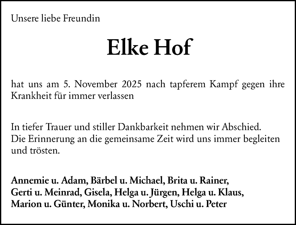  Traueranzeige für Elke Hof vom 15.11.2025 aus Allgemeine Zeitung Mainz