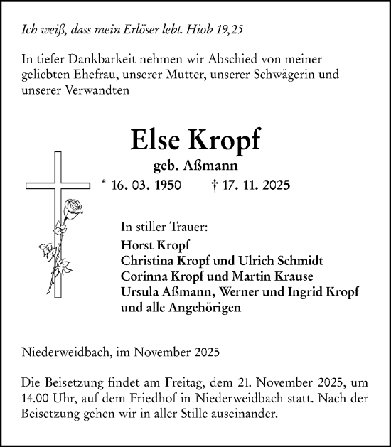 Traueranzeige von Else Kropf von Hinterländer Anzeiger