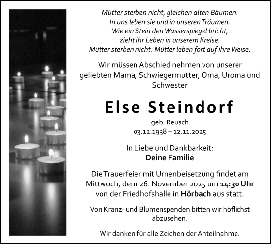 Traueranzeige von Else Steindorf von Dill Block
