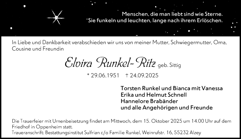  Traueranzeige für Elvira Runkel-Ritz vom 11.10.2025 aus Allgemeine Zeitung Mainz