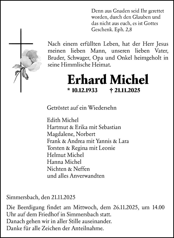  Traueranzeige für Erhard Michel vom 24.11.2025 aus Dill Block
