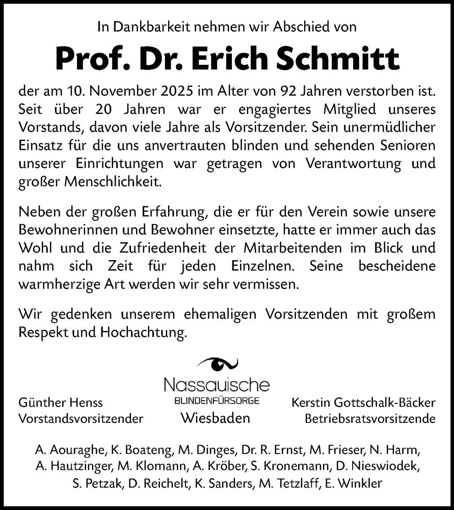  Traueranzeige für Erich Schmitt vom 22.11.2025 aus Wiesbadener Kurier